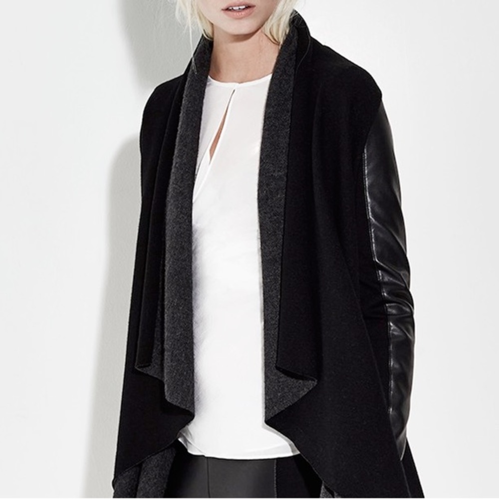 BAILEY 44 Knit Draped Open Front Cardigan Vegan Leather Sleeves